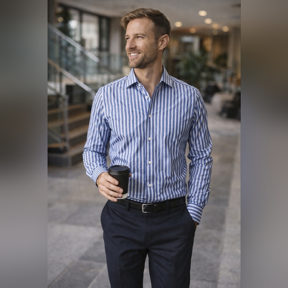 Bugatchi Uomo Shaped Fit Blue & Light Blue Striped Button-Down Shirt